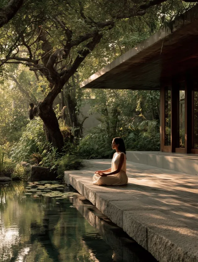 A person sitting calmly by a reflecting pool