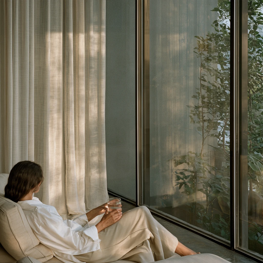 A woman resting by a tall window with a glass of water
