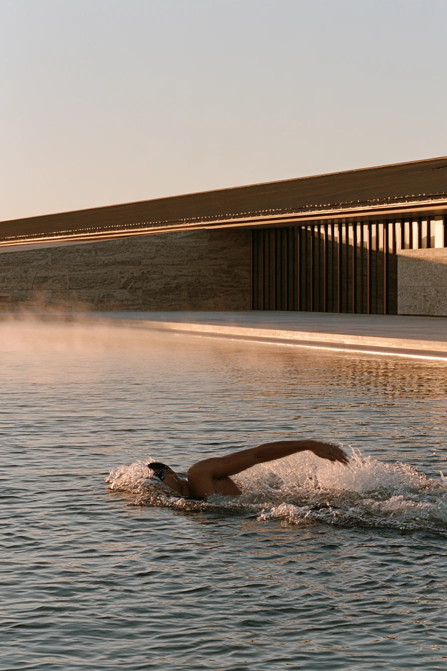 A swimmer in open water at dawn